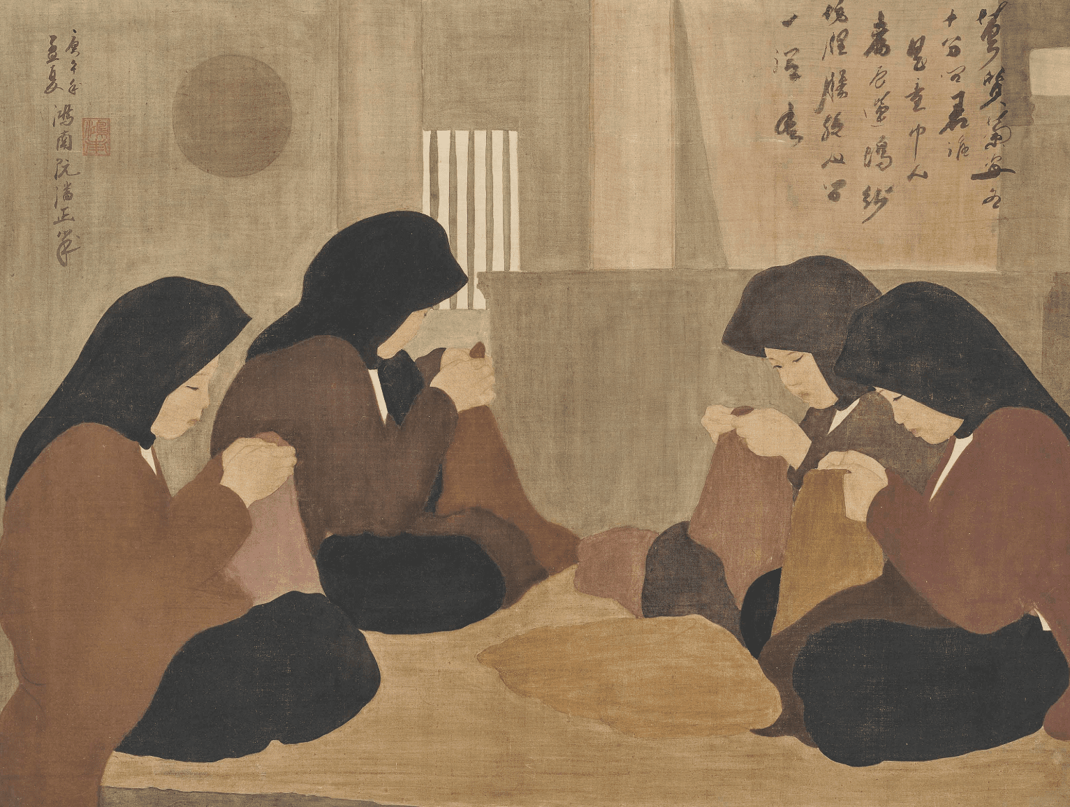 Nguyen Phan Chanh, “Seamstresses at work (Les Couturières)”, (1930), ink and gouache on silk, 65.5 x 88cm. Photo: Christie’s.