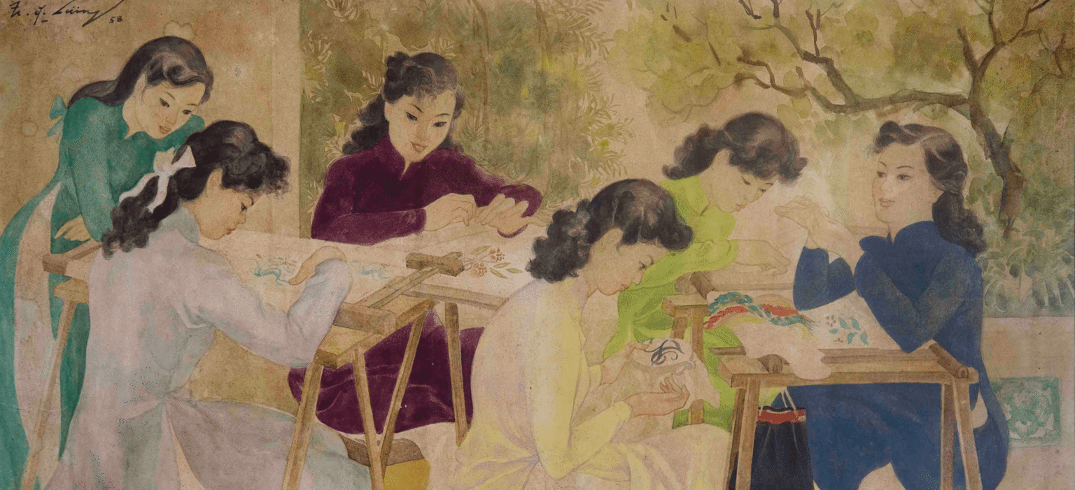 Tran Dong Luong, “Embroidery Class” (1958), watercolour on paper, 55 x 73 cm. Photo courtesy of Quang San Art Museum.