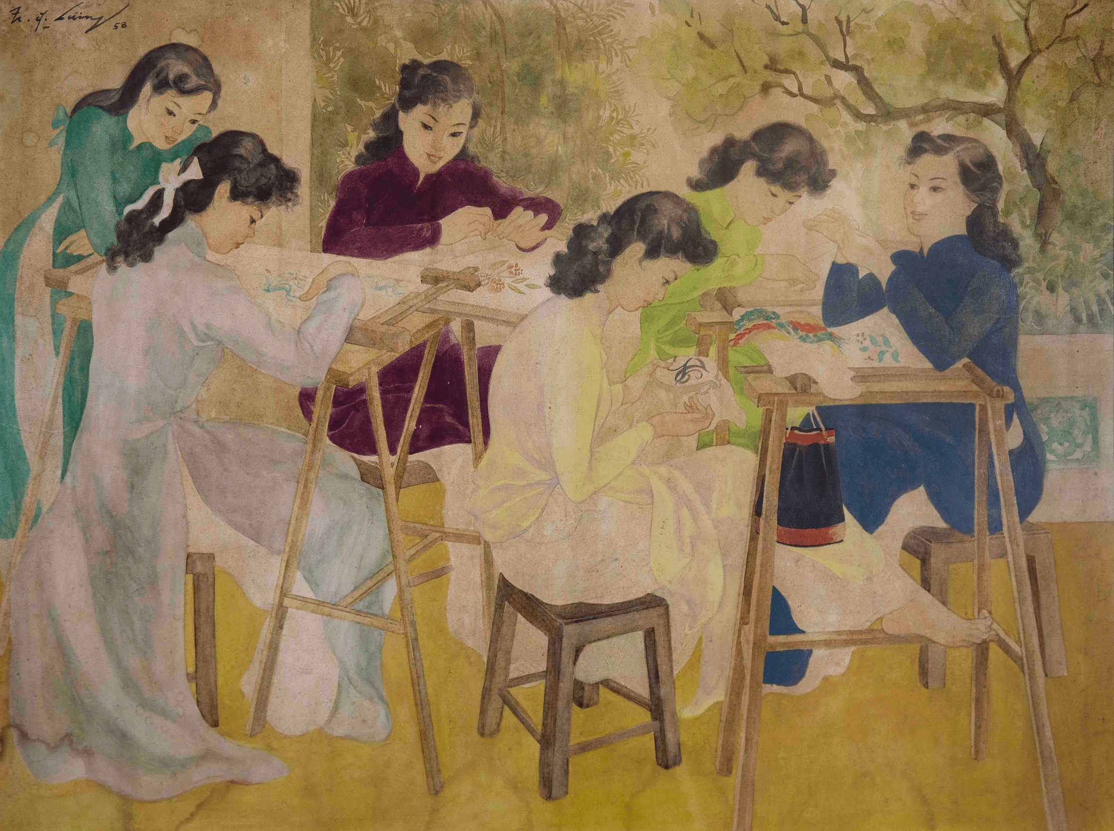 Tran Dong Luong, “Embroidery Class” (1958), watercolour on paper, 55 x 73 cm. Photo courtesy of Quang San Art Museum.