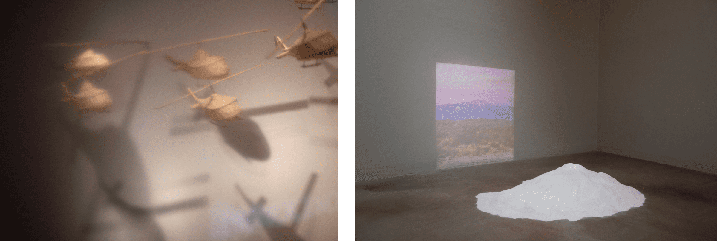 Left: Brian Doan, “Reminiscence” installation at Vilcek Foundation, New York, 2013. Photo: Jaqueline Buleje. Right: Brian Doan, “Two Mountains View” (11.2024) at Long Beach Museum of Art in Downtown. Photo: Brian Doan.
