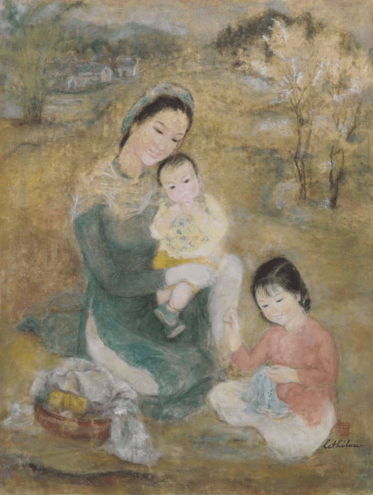 Le Thi Luu, “Woman and children” (c. 1960–1965), ink and gouache on silk, 99 x 74 cm. Photo: Sotheby’s.