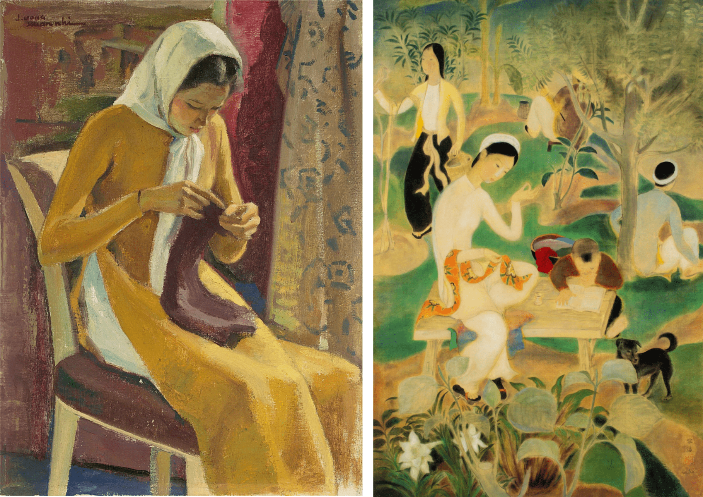 Left: Luong Xuan Nhi, “Young woman knitting (Jeune femme au tricot)” (c. 1950), oil on canvas, 61 x 46 cm. Photo: Auguttes. Right: Le Pho, “Family in the garden (La famille dans le jardin)” (1938), oil on canvas, 90 x 130 cm. Photo: Christie’s.