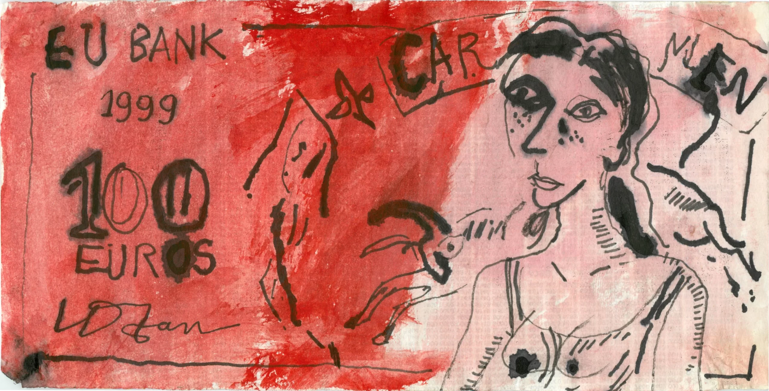 Vũ Dân Tân, “Tiền 1b: Tiền” (1999), thuộc chuỗi tác phẩm “Tiền tệ, Euro”, acrylic và mực trê giấy, 10 x 21 cm. Ảnh: Bảo tàng Vũ Dân Tân.