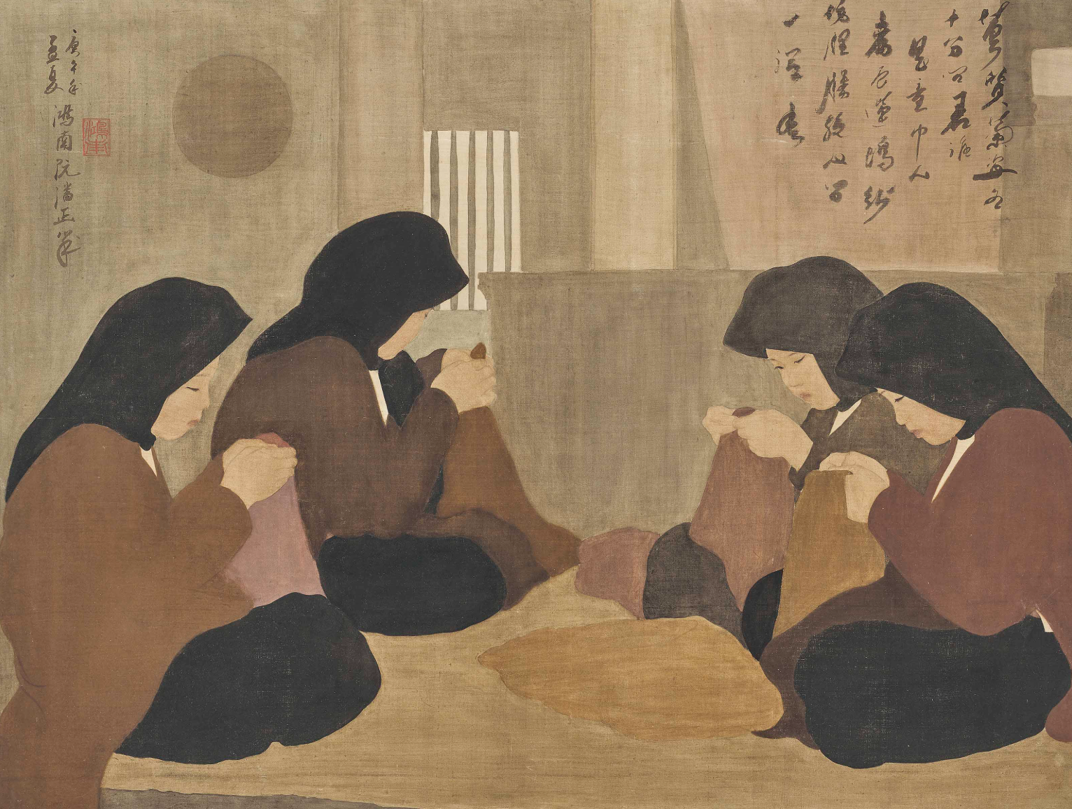 Nguyễn Phan Chánh, “Thợ khâu (Les Couturières)” (1930), mực và bột màu trên lụa, 65,5 x 88cm. Ảnh: Christie’s.