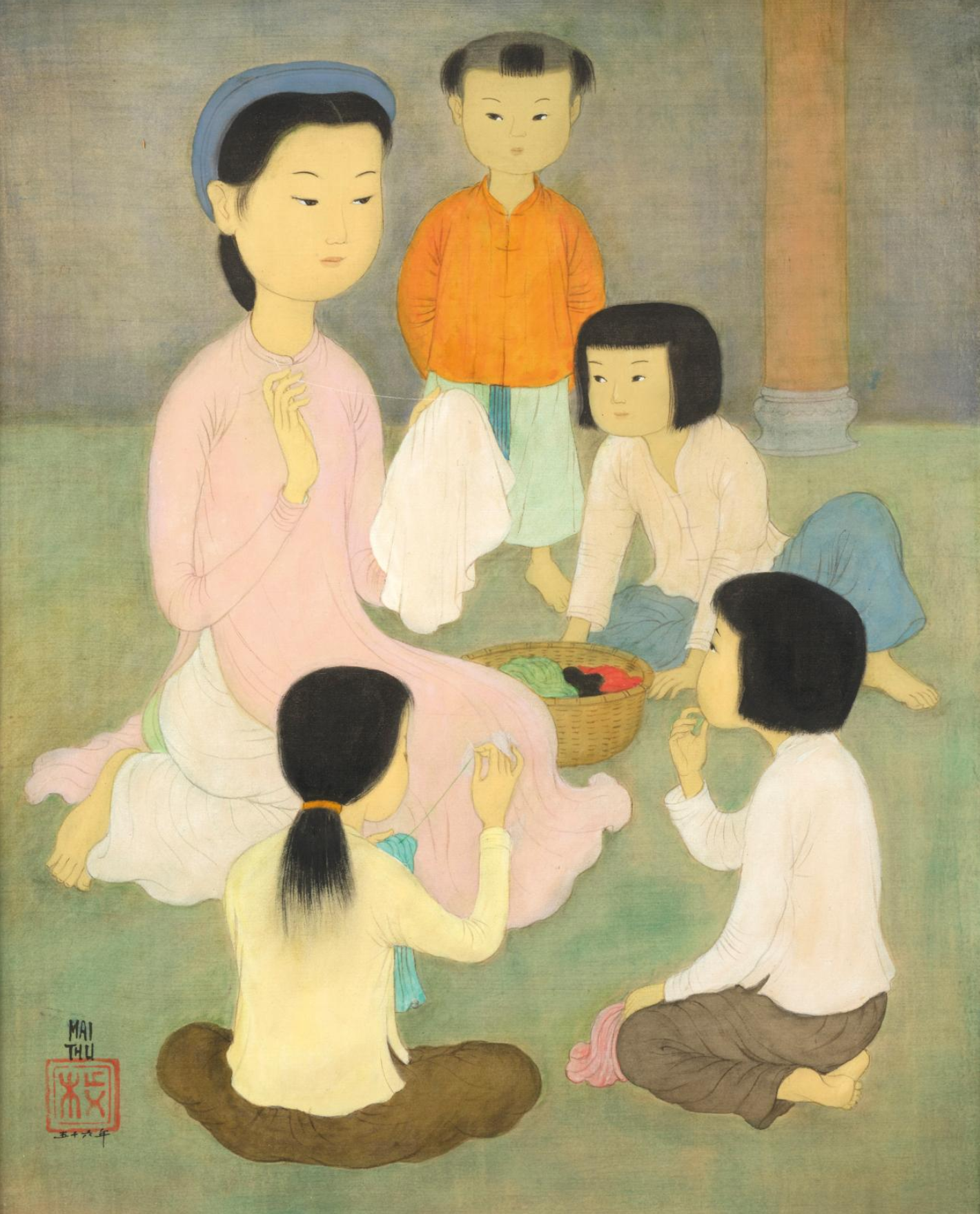 Mai Trung Thứ, “Lớp học thêu (La Leçon de couture)” (1944), mực và bột màu trên lụa, 47 x 35 cm. Ảnh: Gazette.