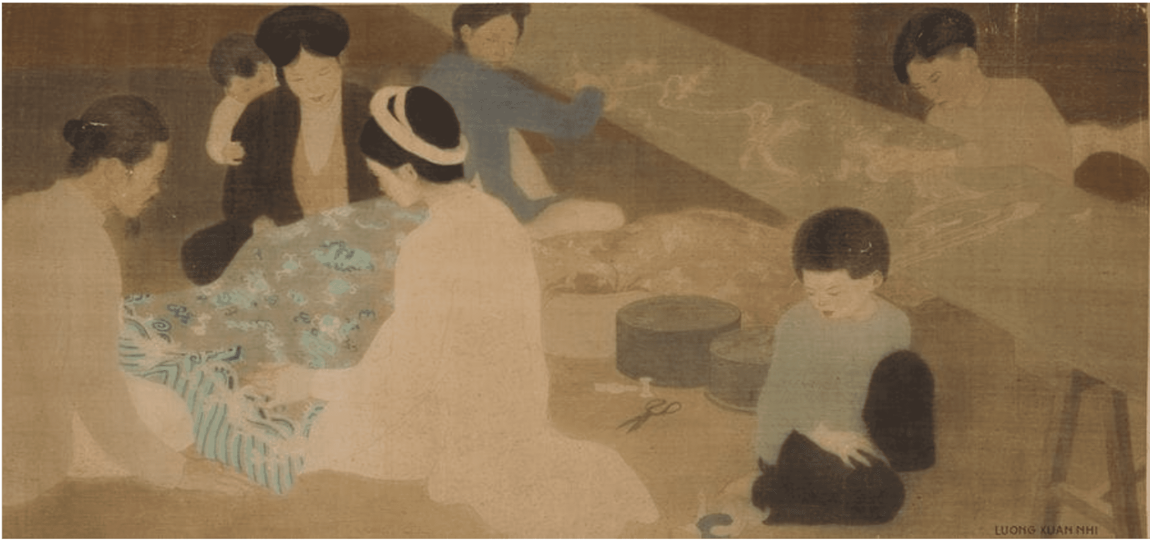 Lương Xuân Nhị, “Xưởng Thêu”, mực và màu trên lụa, 37 x 77,5 cm. Ảnh: Auguttes.