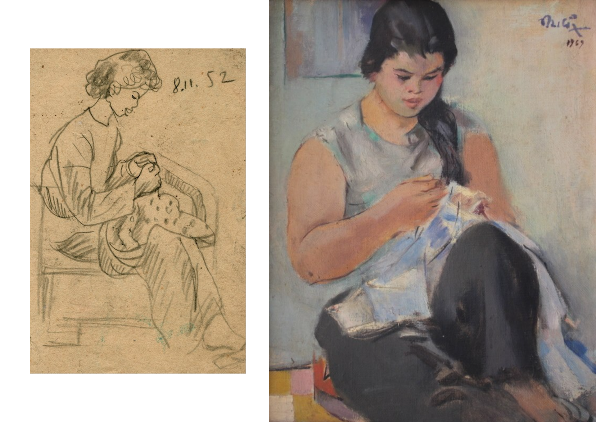 Trái: Bùi Xuân Phái, “Bà Phái ngồi khâu” (1952), tranh ký hoạ. Ảnh: Witness Collection. Phải: Trần Văn Cẩn, “Em Khánh” (1969), sơn dầu trên toan. Ảnh: Witness Collection.