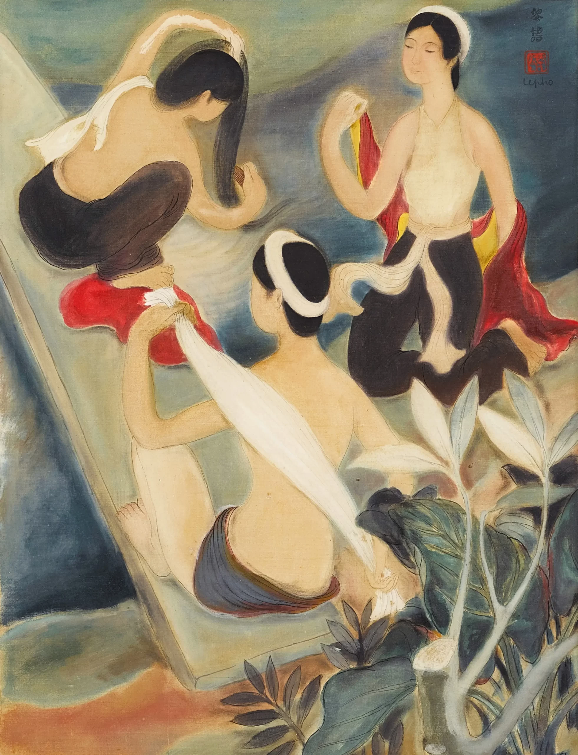 Lê Phổ, “Ba nàng tắm (The three bathers)” (1938), mực và màu bột trên lụa, 60 x 45,5 cm. Ảnh: Sotheby’s.