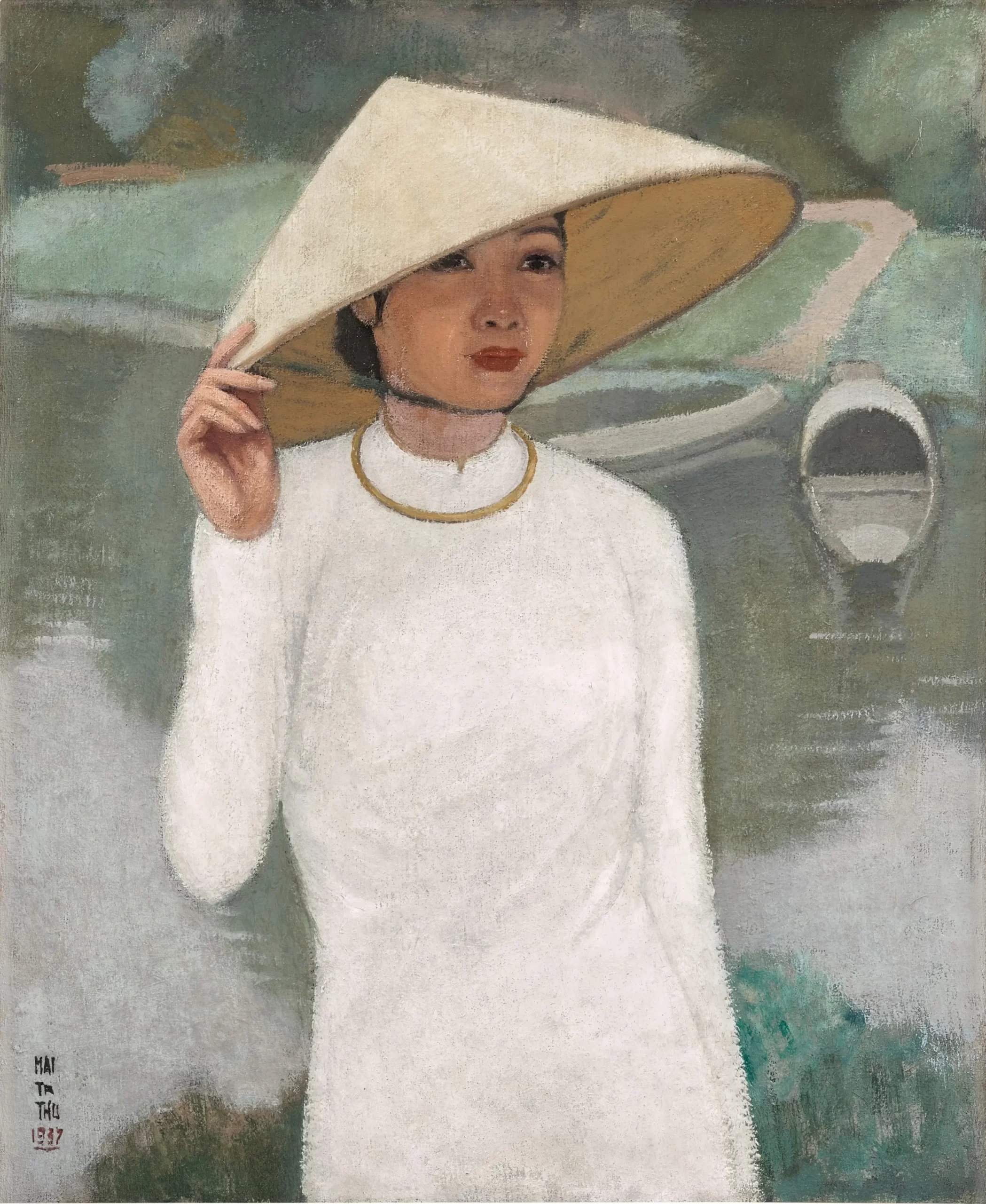 Mai Trung Thứ, “Thiếu nữ Huế (La jeune femme de Hué)” (1937), sơn dầu, 73,5 x 60,5 cm. Ảnh: Sotheby’s.